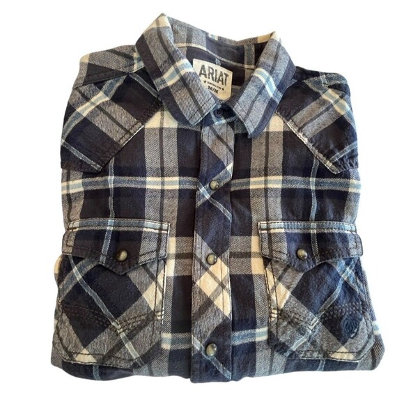 Ariat Flannel ShirtTahoma Retro Mens Sz M Long Sleeve Blue Plaid Pearl Snaps - Picture 1 of 9